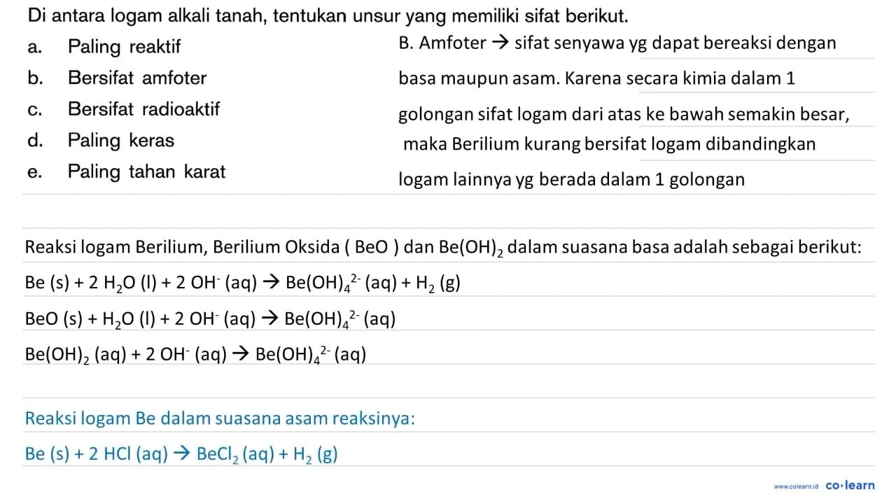 Di antara logam alkali tanah, tentukan unsur yang memiliki