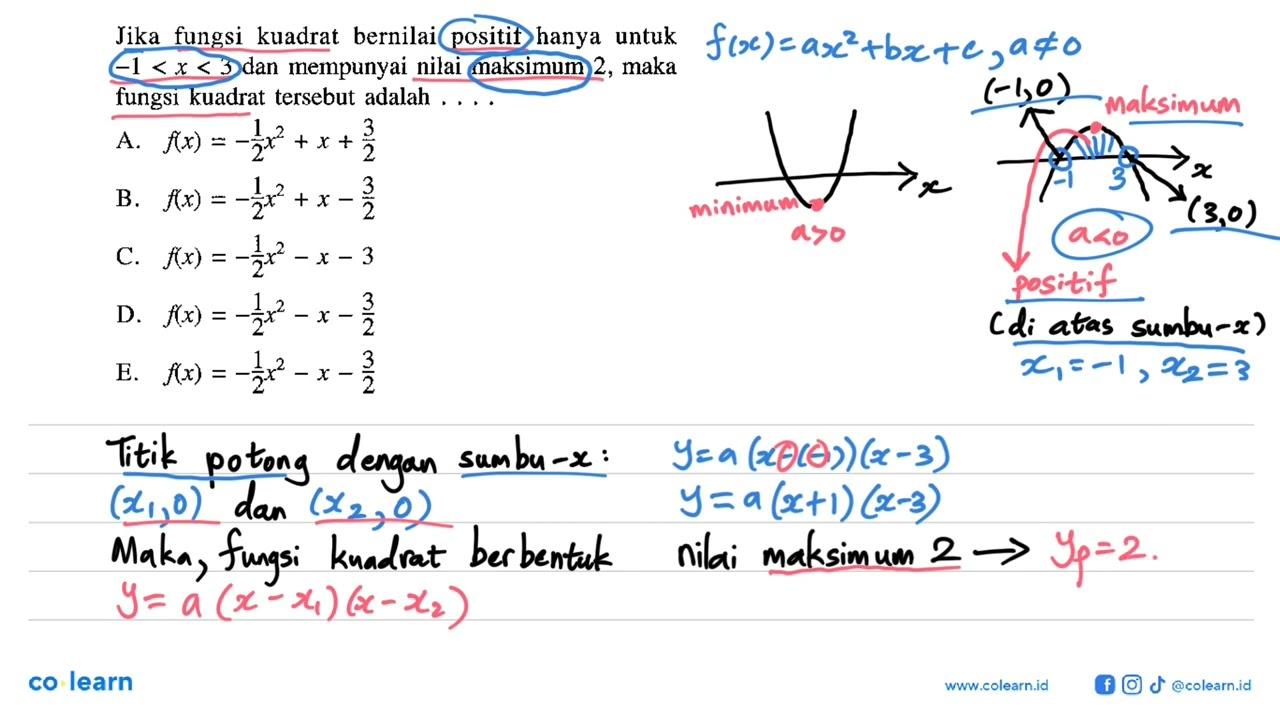 Jika fungsi kuadrat bernilai positif hanya untuk -1<x<3 dan