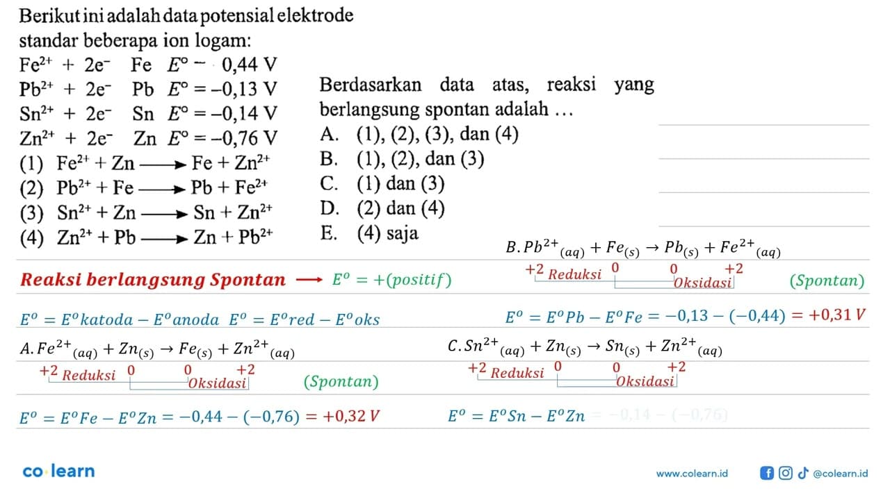 Berikut ini adalah dua potensial elektrode standar beberapa