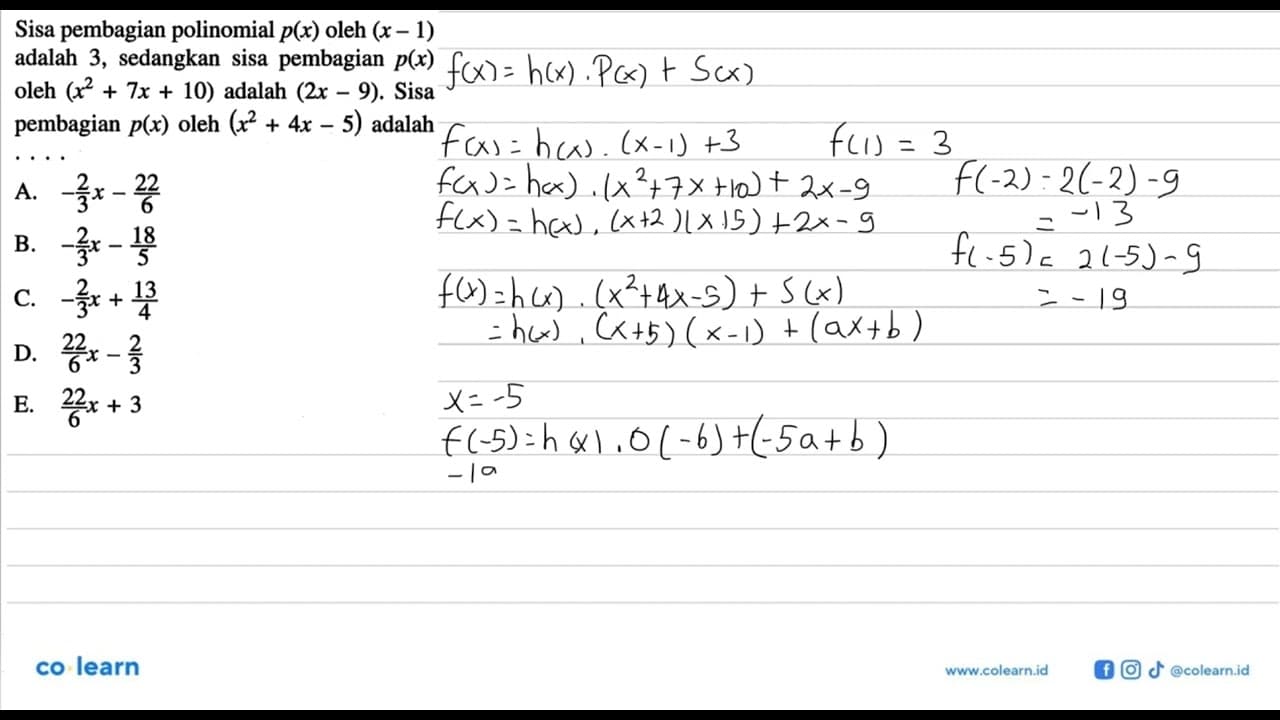 Sisa pembagian polinomial p(x) oleh (x-1) adalah 3,