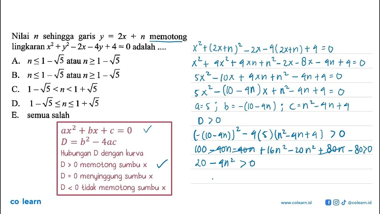 Nilai n sehingga garis y=2x + n memotong lingkaran x^2 +