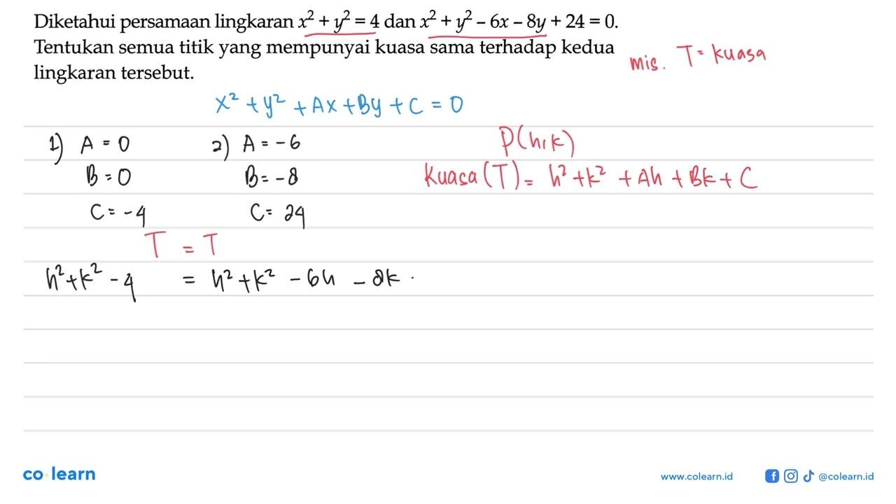 Diketahui persamaan lingkaran x^2+y^2=4 dan