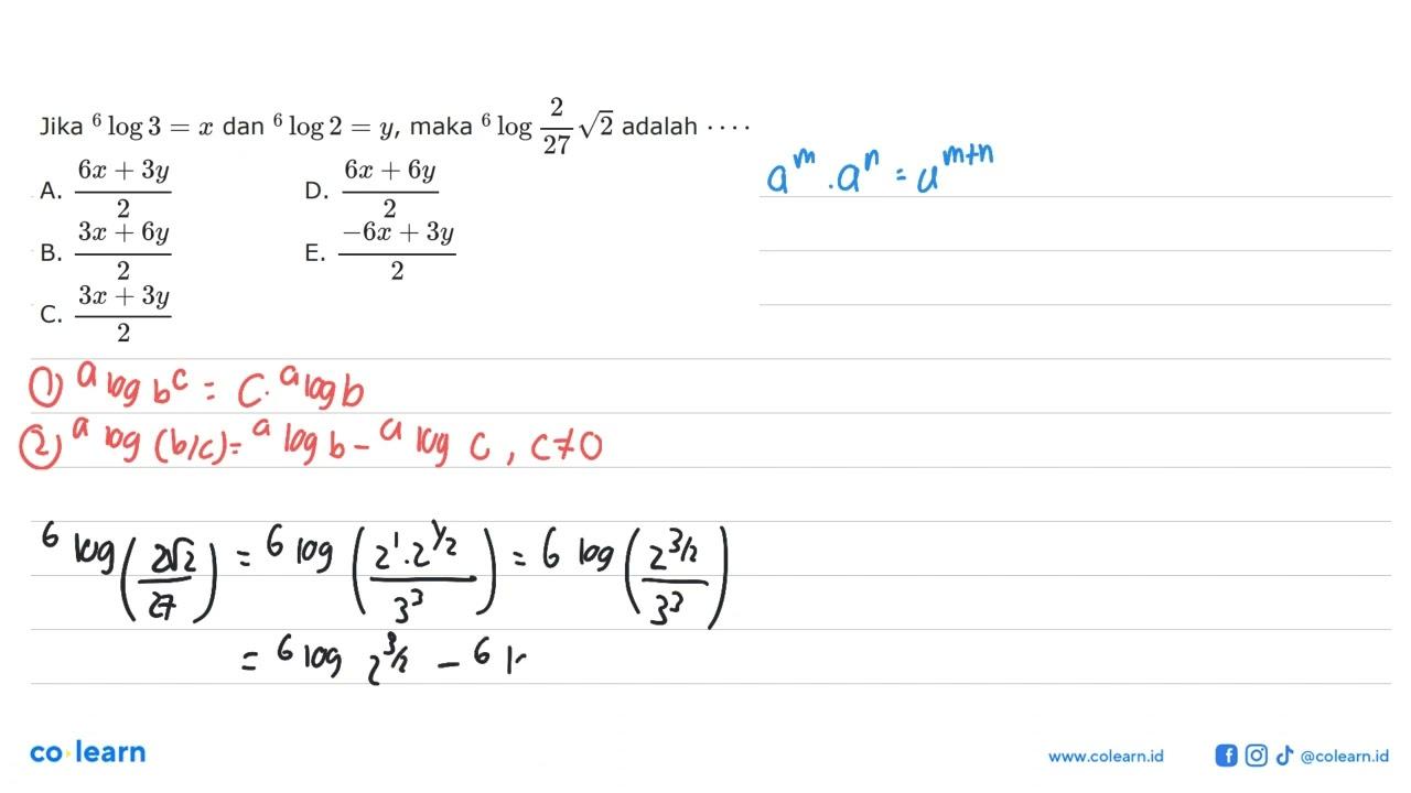 Jika 6log3= x dan 3log2=y, maka 6log 2/27akar(2) adalah =