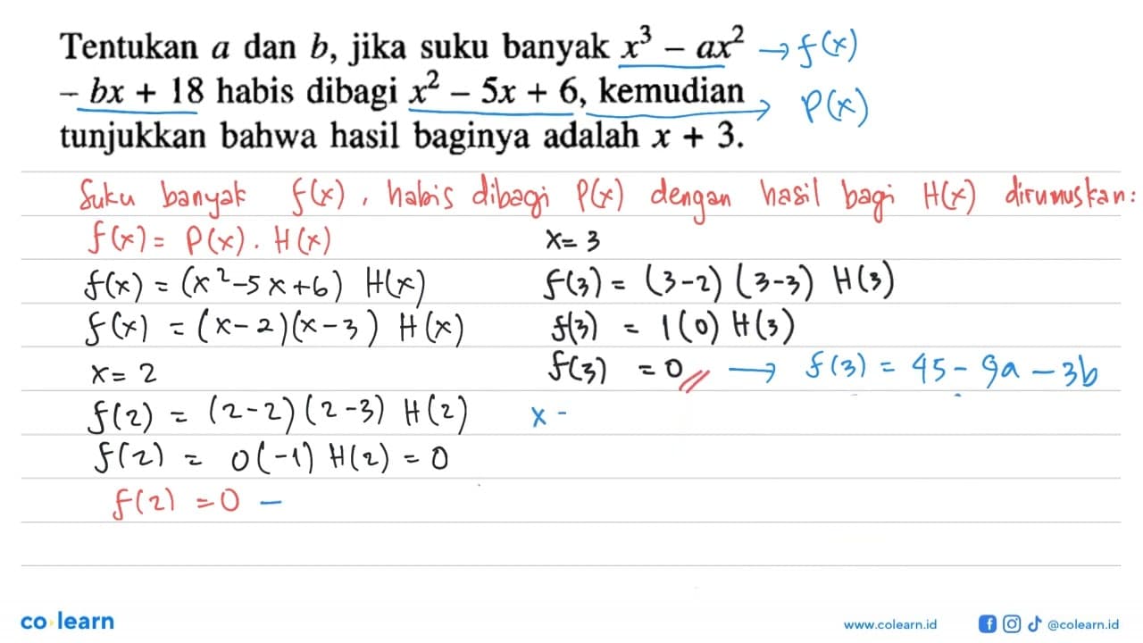 Tentukan a dan b, jika suku banyak x^3-ax^2-bx+18 habis