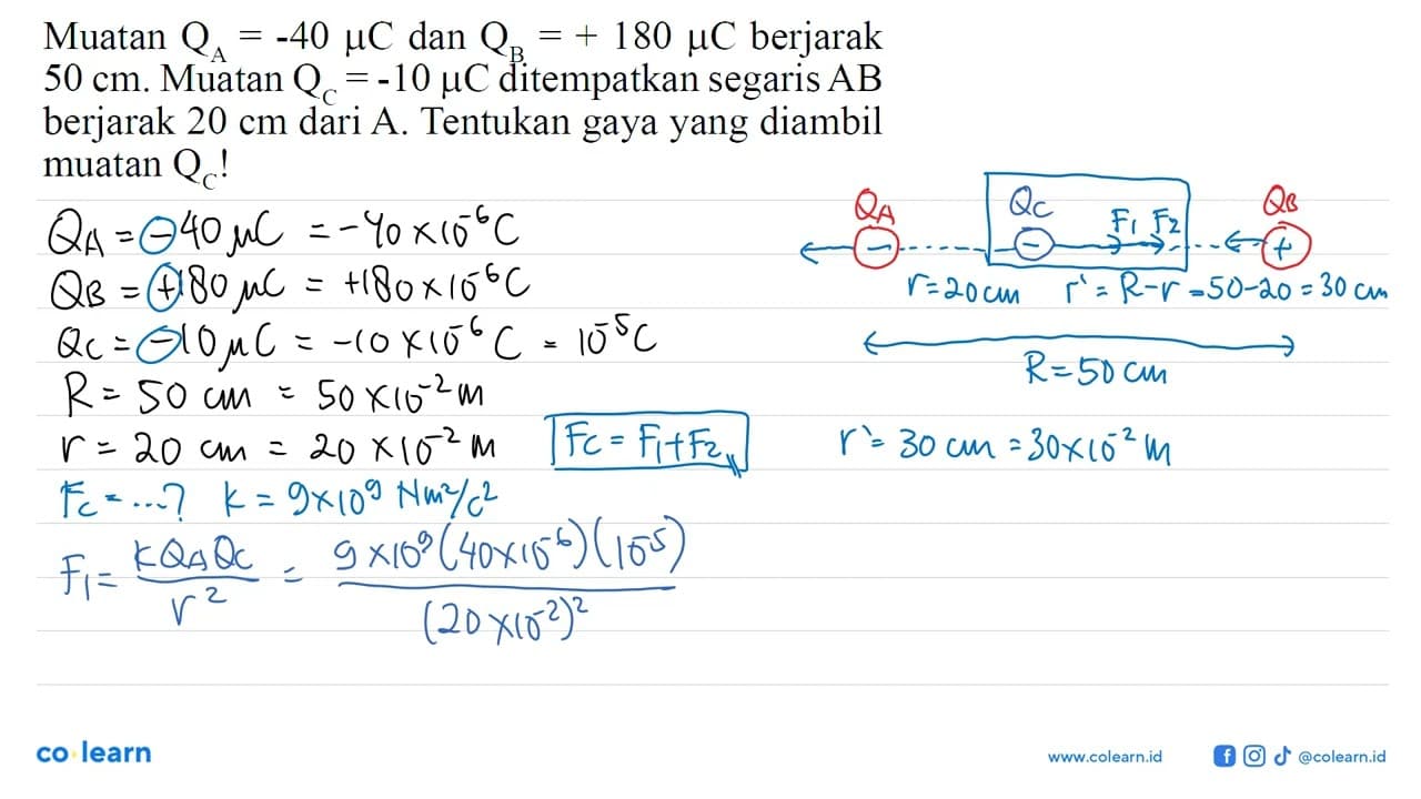 Muatan QA=-40 mikro C dan QB=+180 mikro C berjarak 50 cm .