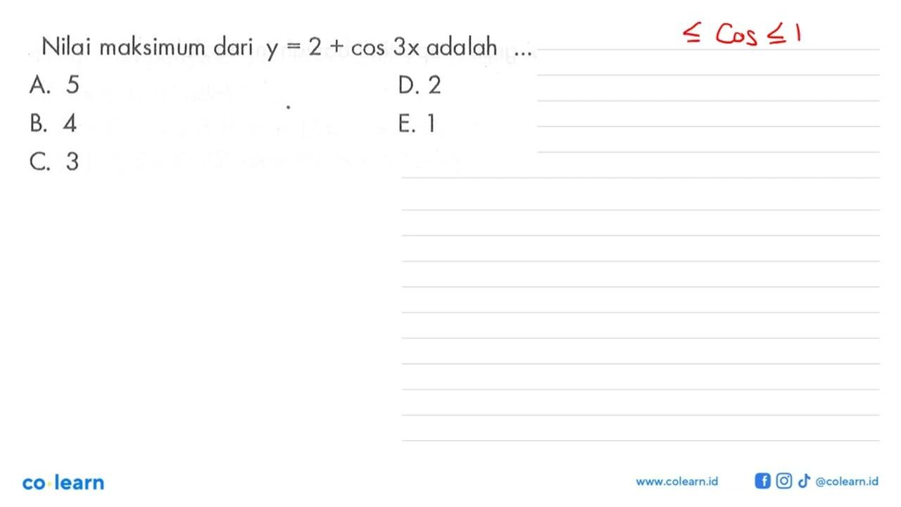 Nilai maksimum dari y=2+cos 3x adalah ...