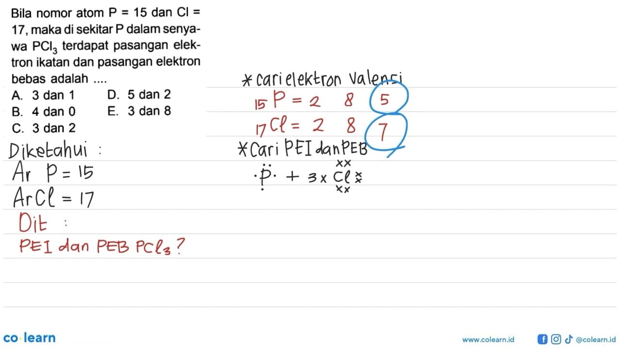 Bila nomor atom P = 15 dan Cl = 17, maka di sekitar P dalam