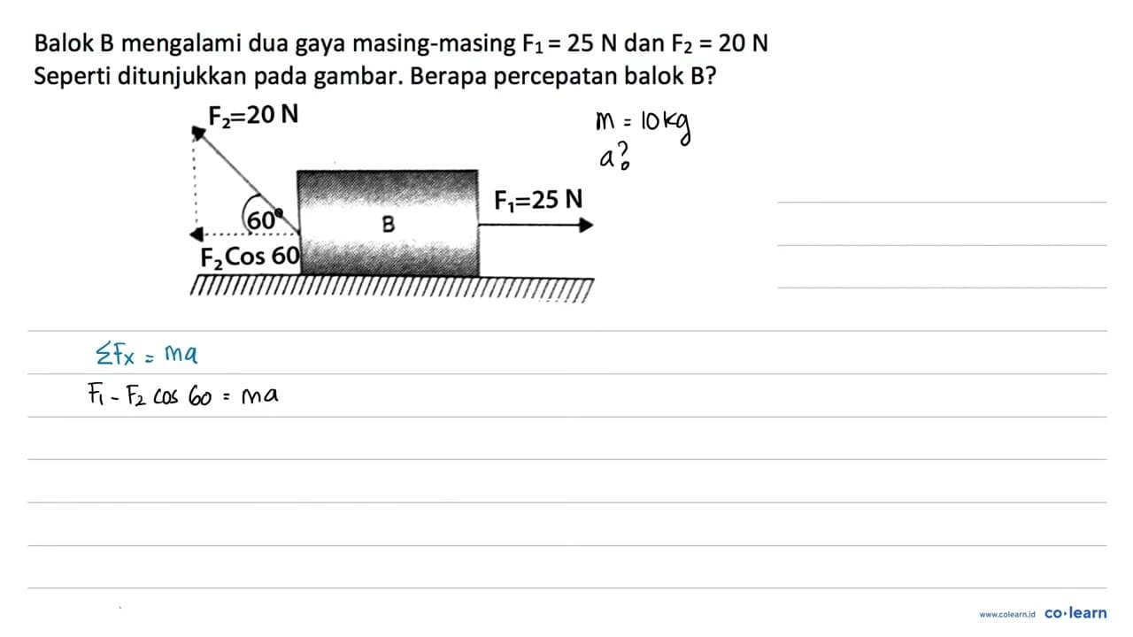 Balok B mengalami dua gaya masing-masing F1 = 25 N dan F2 =