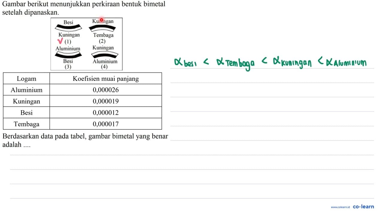 Gambar berikut menunjukkan perkiraan bentuk bimetal setelah