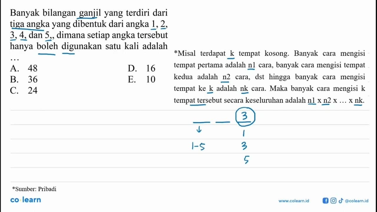 Banyak bilangan ganjil yang terdiri dari tiga angka yang