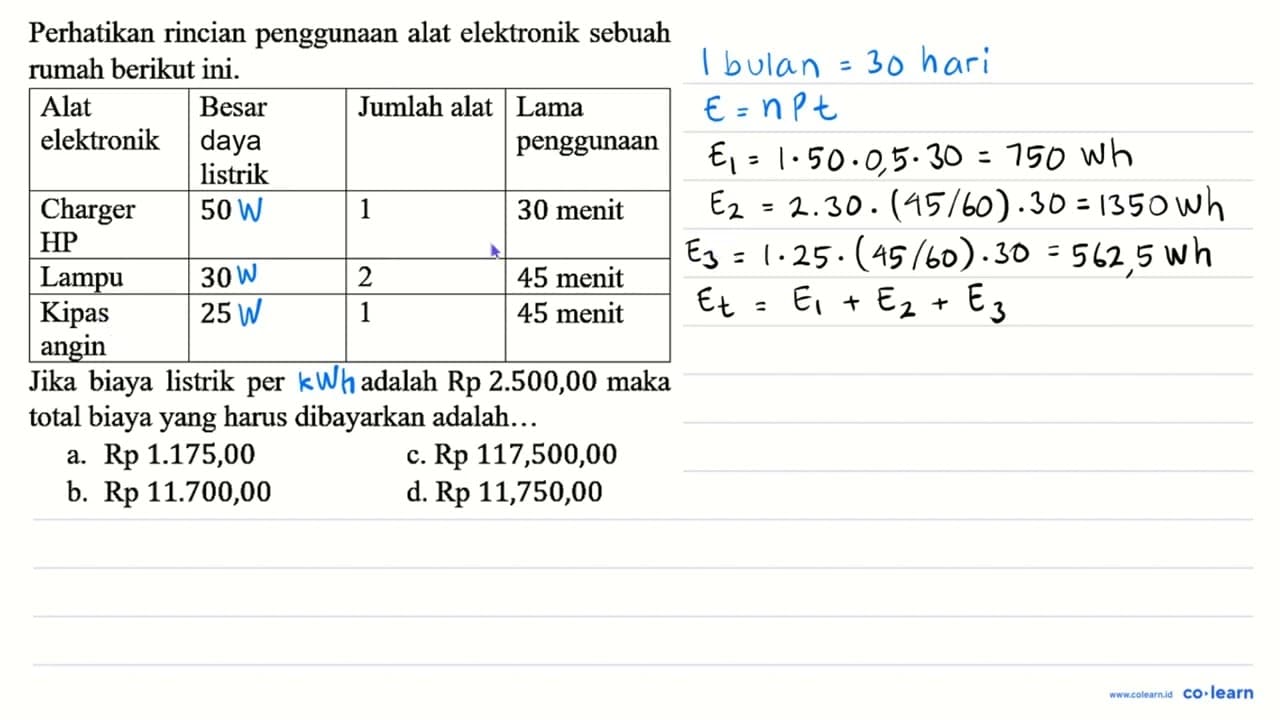 Perhatikan rincian penggunaan alat elektronik sebuah rumah