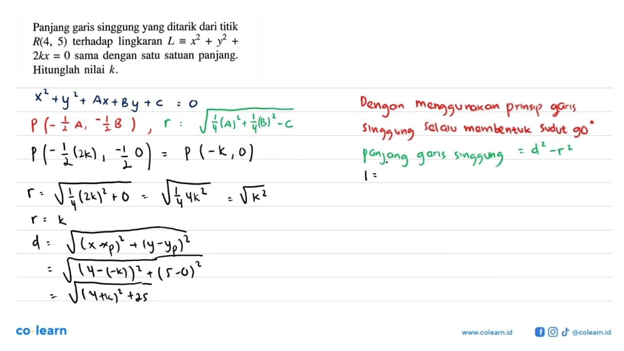 Panjang garis singgung yang ditarik dari titik R(4,5)