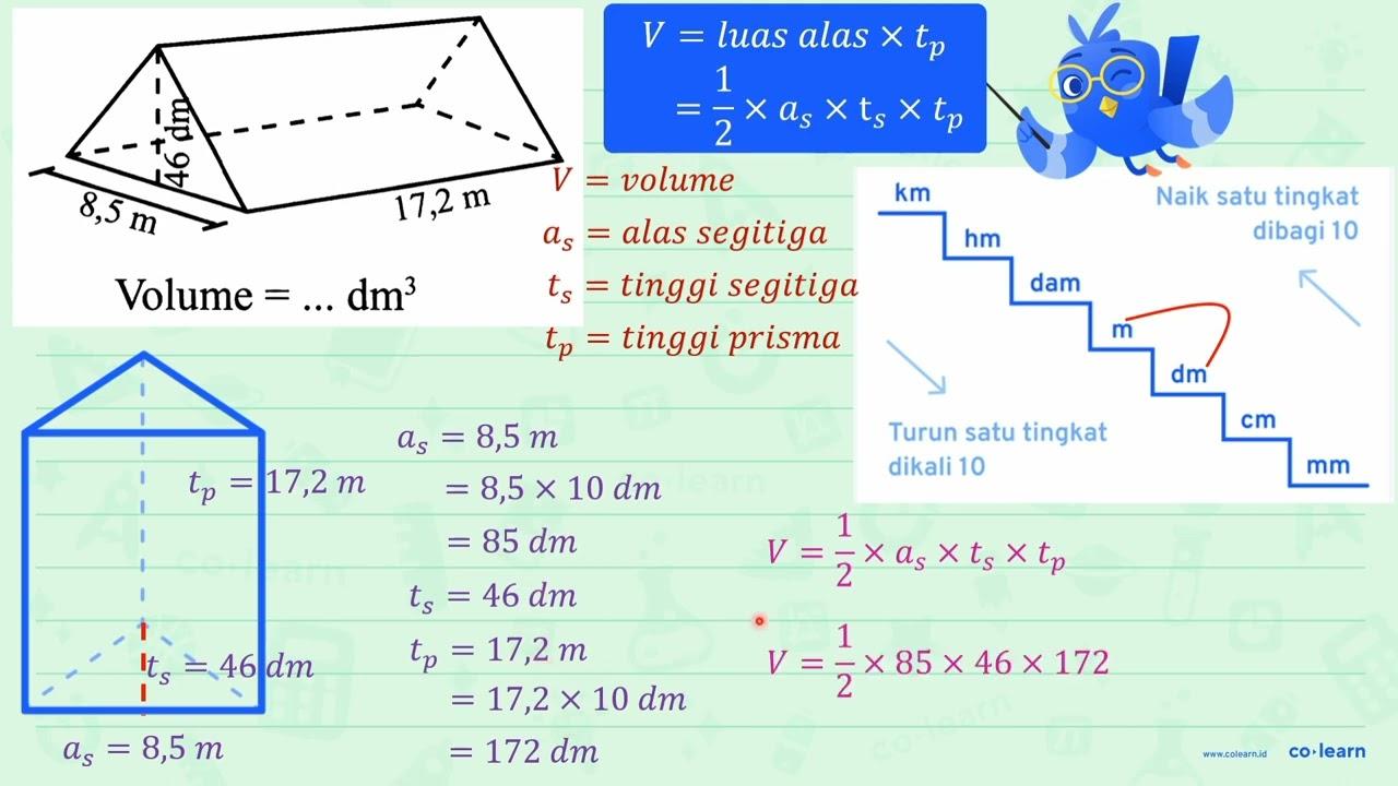 45 dm 8,5 m 17,2 m Volume = ... dm^3