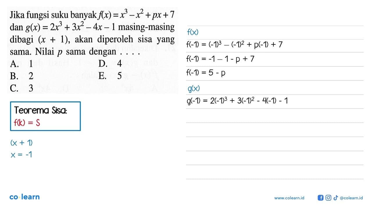 Jika fungsi suku banyak f(x)=x^3-x^2+px+7 dan