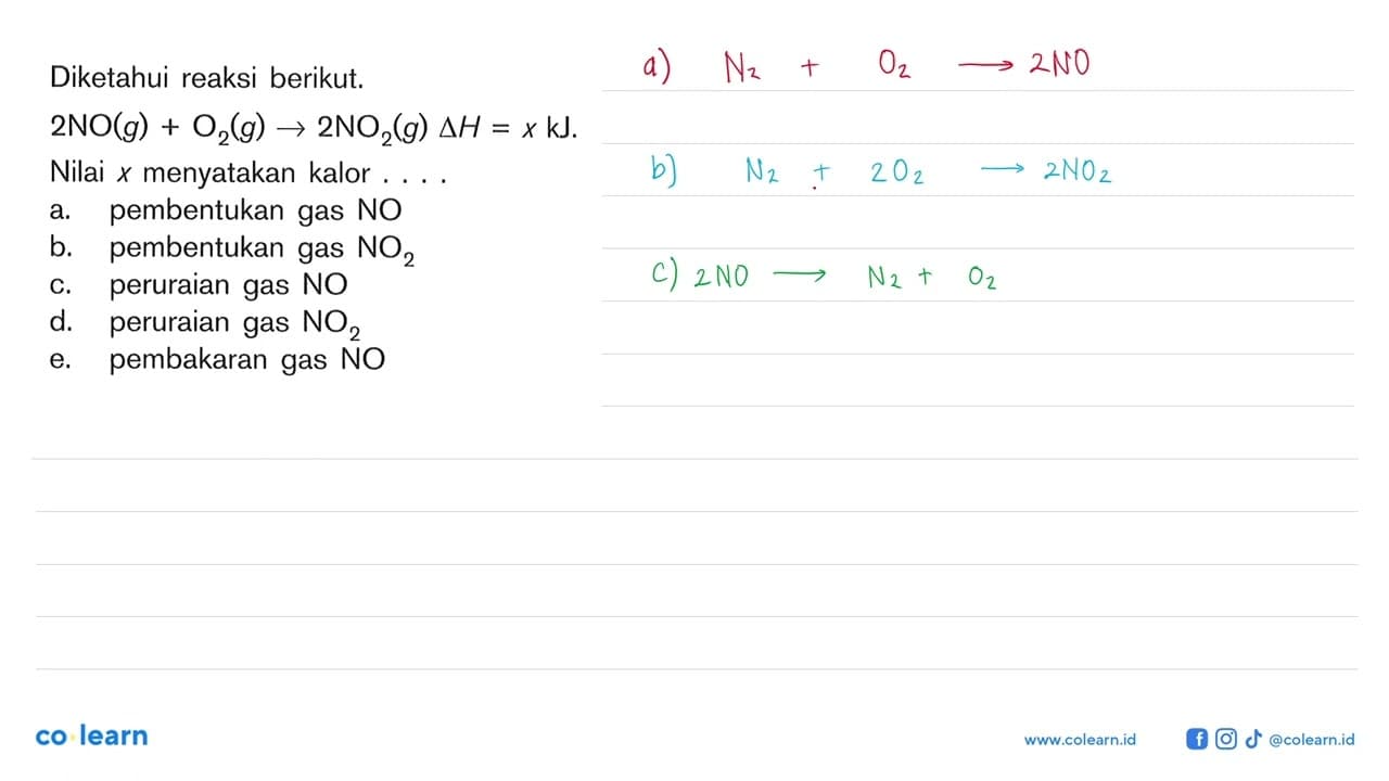 Diketahui reaksi berikut. 2NO(g) + O2(g) -> 2NO2(g) delta H