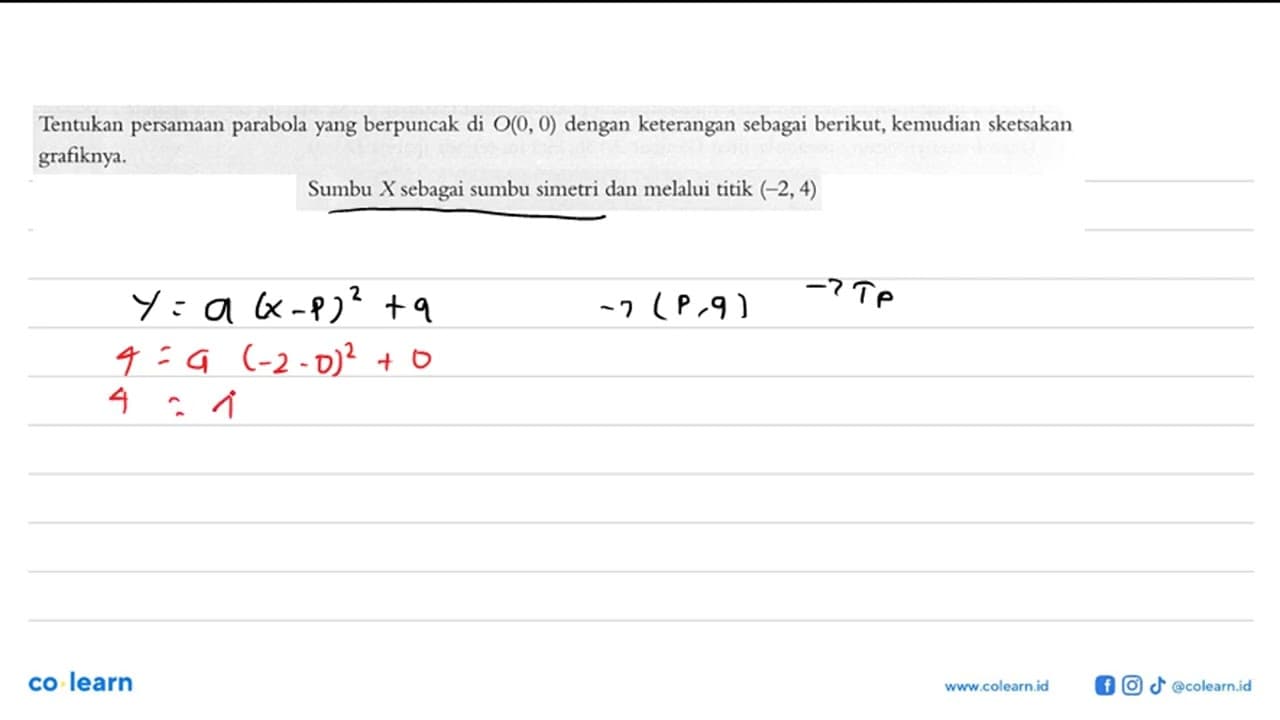 Tentukan persamaan parabola yang berpuncak di O(0,0) dengan