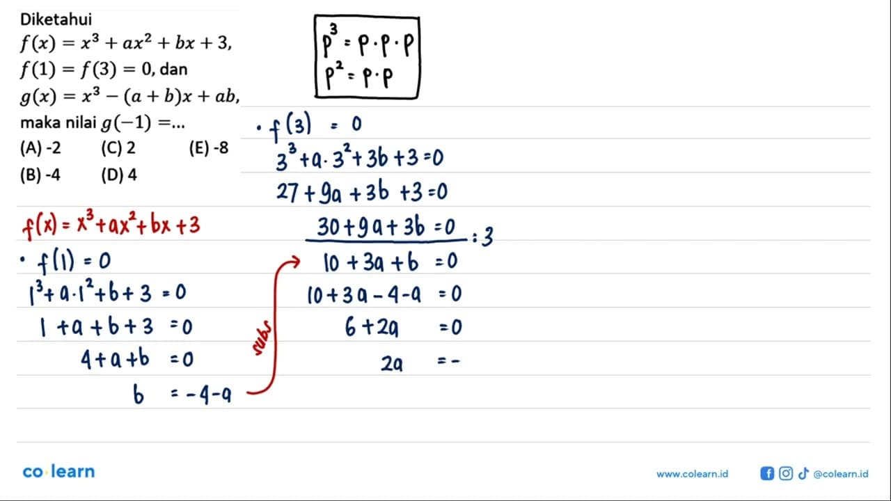 Diketahui f(x)=x^3+ax^2+bx+3, f(1)=f(3)=0, dan