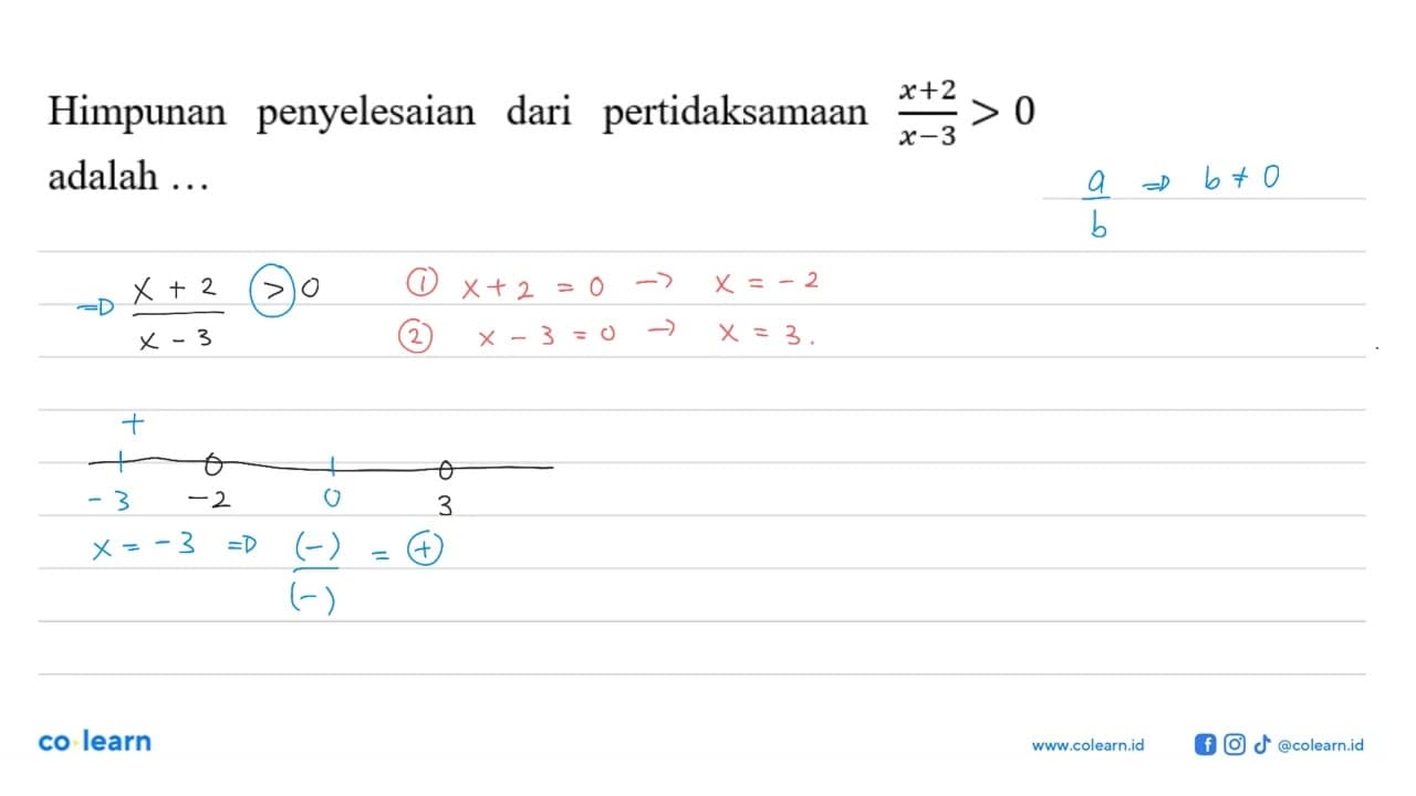 Himpunan penyelesaian dari pertidaksamaan (x+2)/(x-3)>0