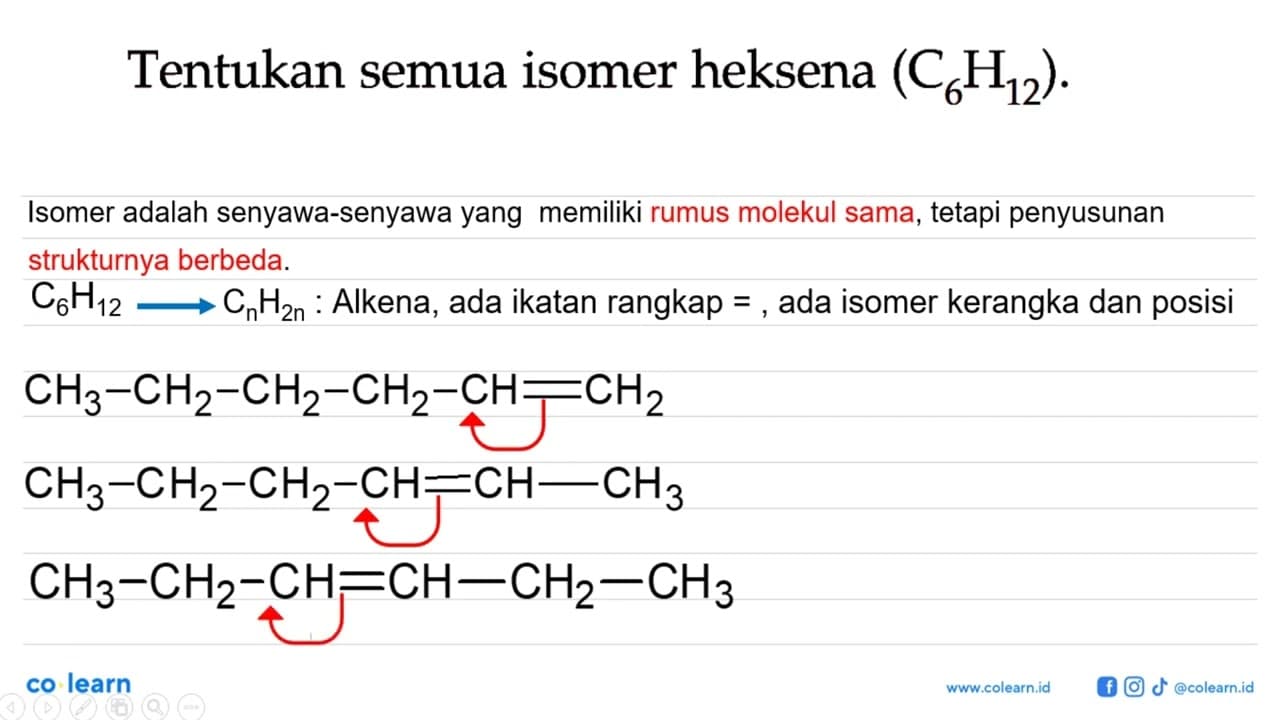 Tentukan semua isomer heksena (C6H12).