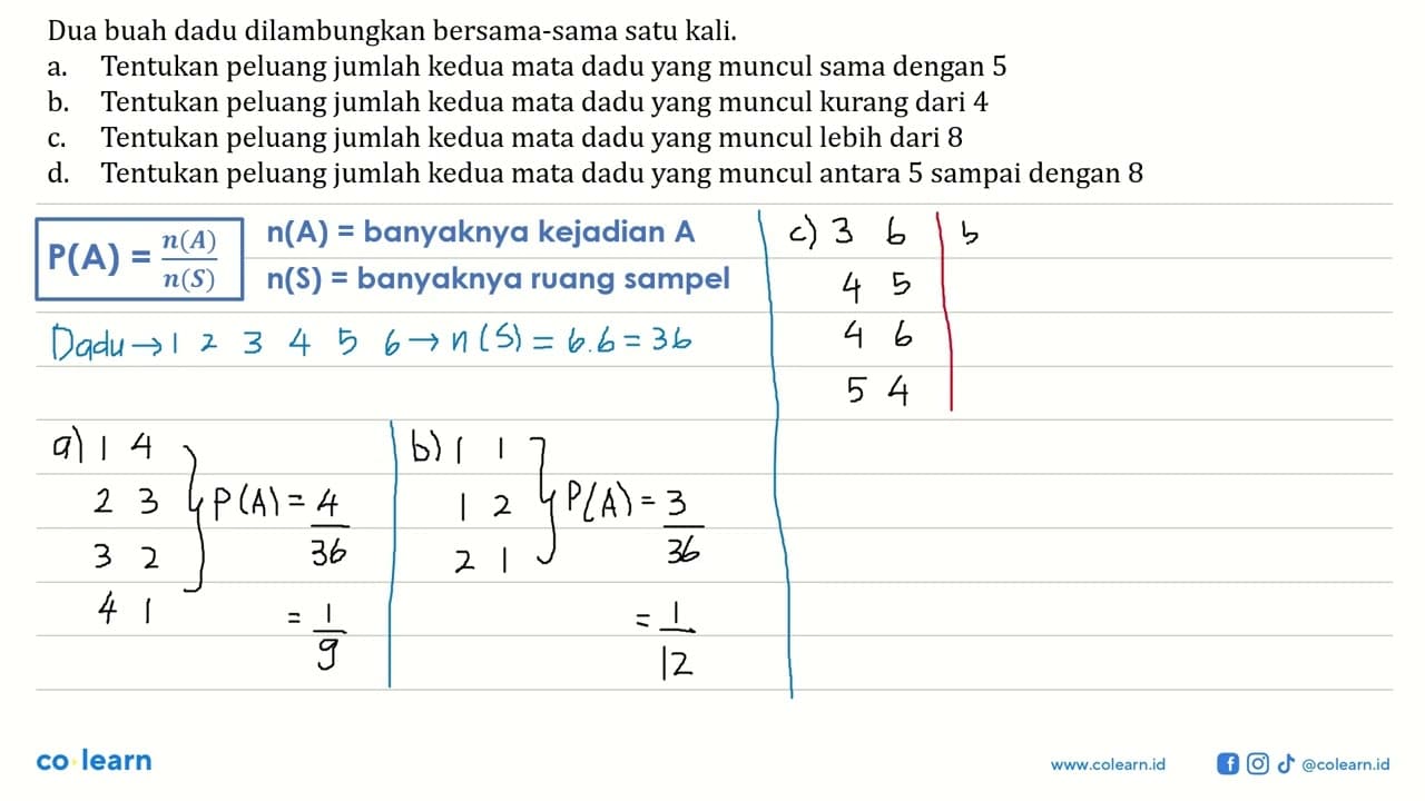 Dua buah dadu dilambungkan bersama-sama satu kali.a.