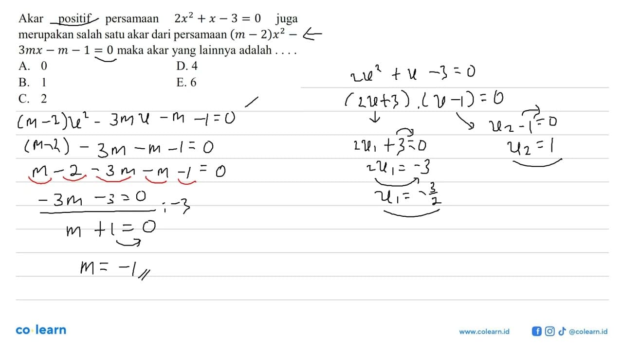 Akar positif persamaan 2x^2 + x - 3 = 0 juga merupakan