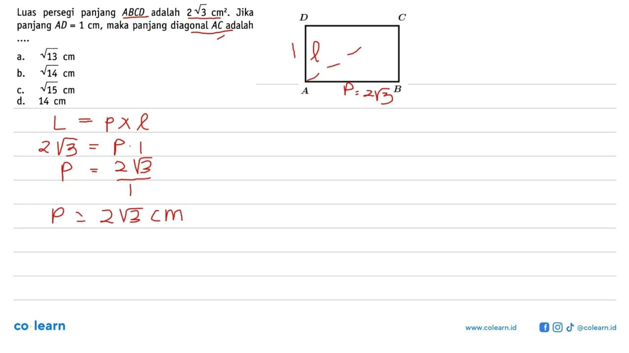 Luas persegi panjang ABCD adalah 2 akar(3) cm^2 . Jika