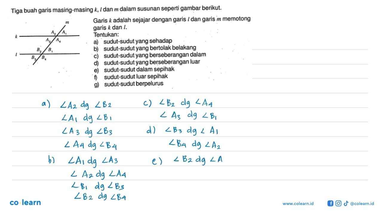 Tiga buah garis masing-masing k, l dan m dalam susunan