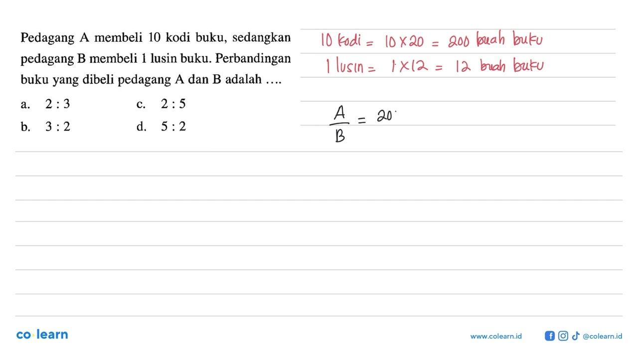 Pedagang A membeli 10 kodi buku, sedangkan pedagang B