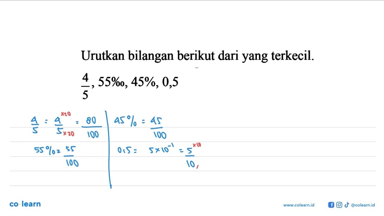 Urutkan bilangan berikut dari yang terkecil. 4/5, 55%.,