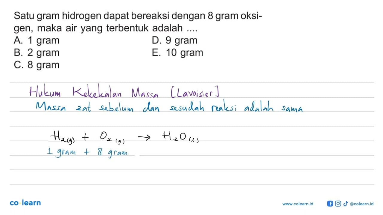 Satu gram hidrogen dapat bereaksi dengan 8 gram oksigen,