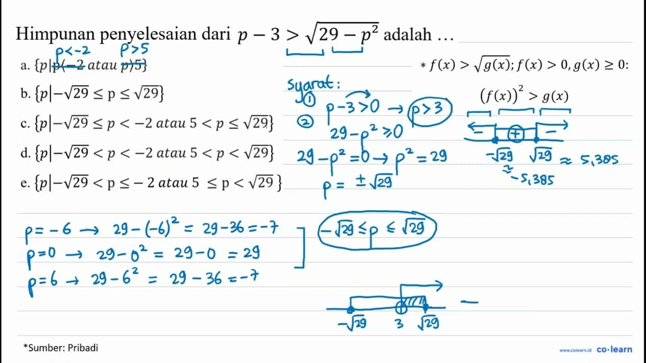 Nilai yang memenuhi p-3>akar(29-p^(2)) adalah ...