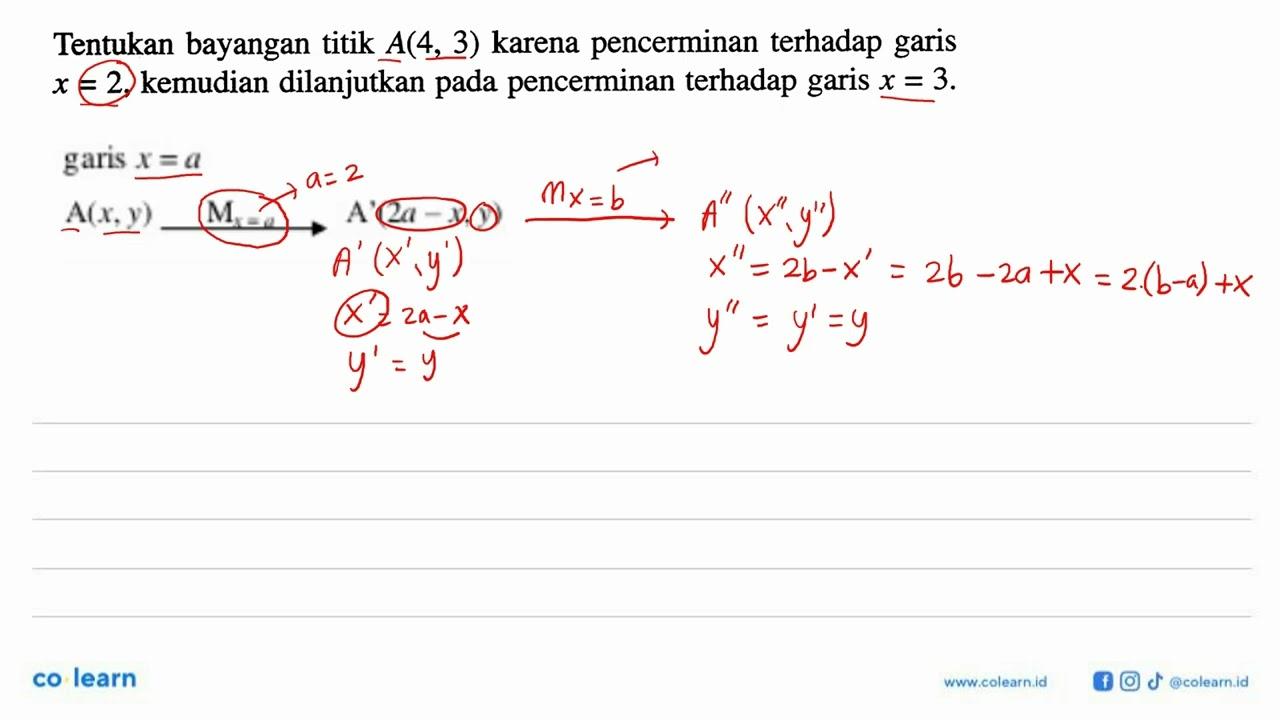 Tentukan bayangan titik A(4,3) karena pencerminan terhadap