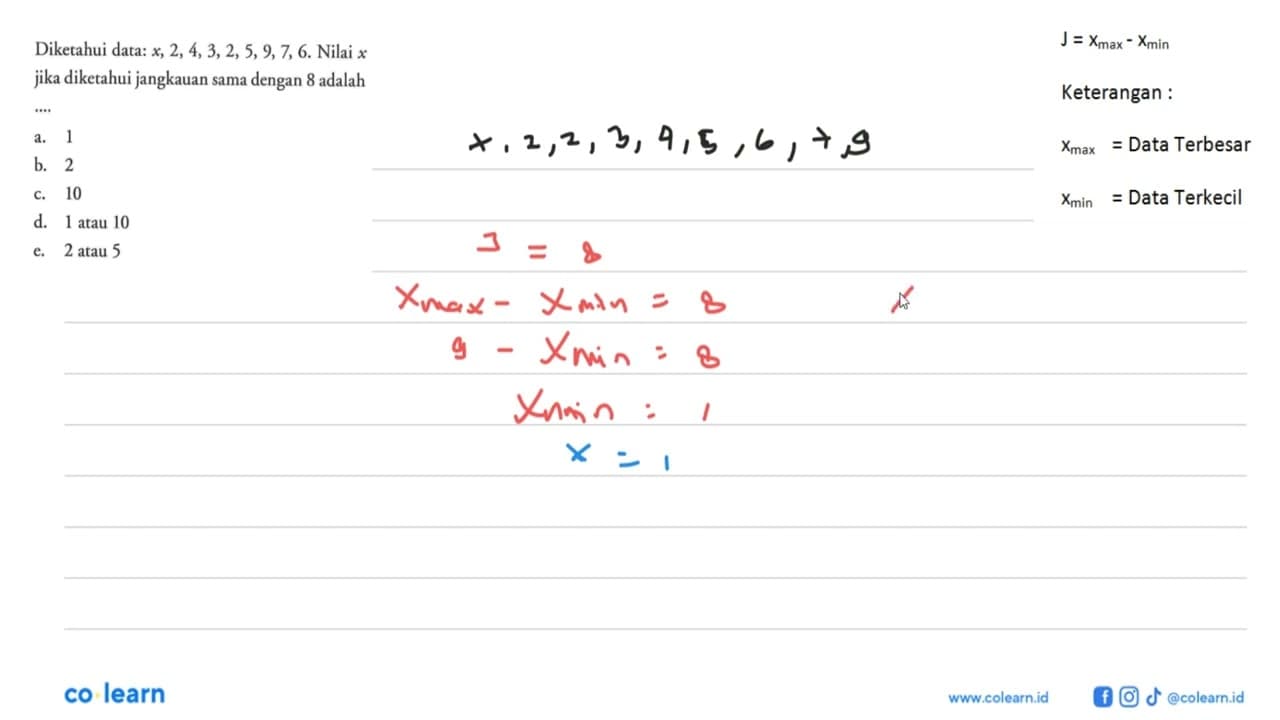 Diketahui data: x, 2, 4,3,2,5,9,7,6. Nilai x jika diketahui