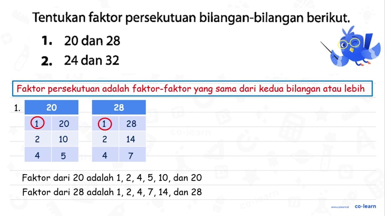 Tentukan faktor persekutuan bilangan-bilangan berikut. 1.