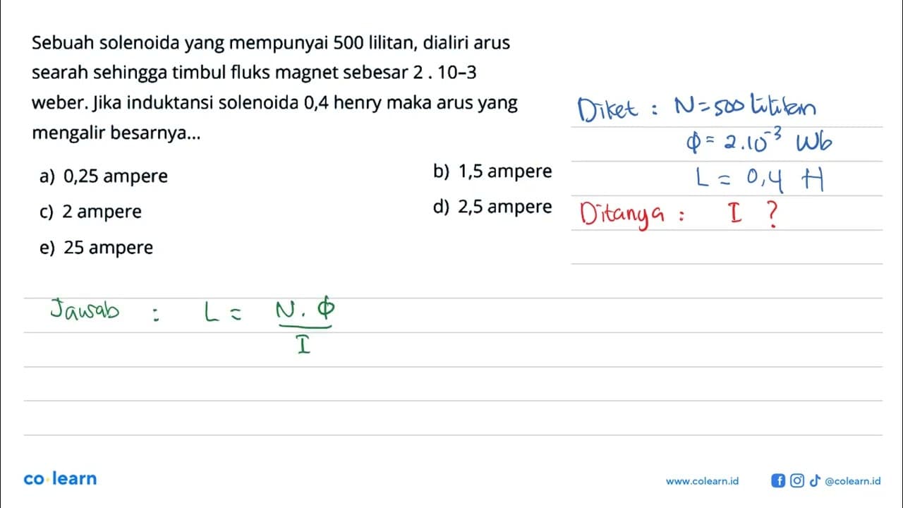 Sebuah solenoida yang mempunyai 500 lilitan, dialiri arus