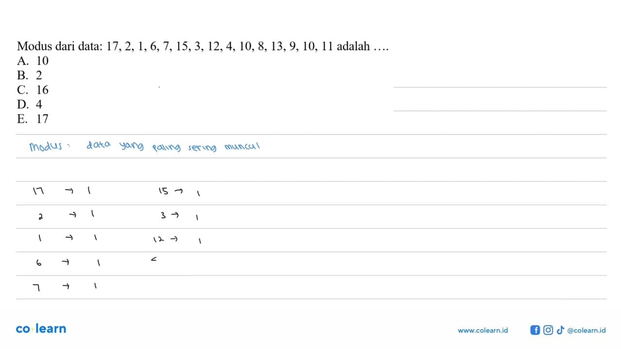 Modus dari data: 17,2,1,6,7,15,3,12,4,10,8,13,9,10,11