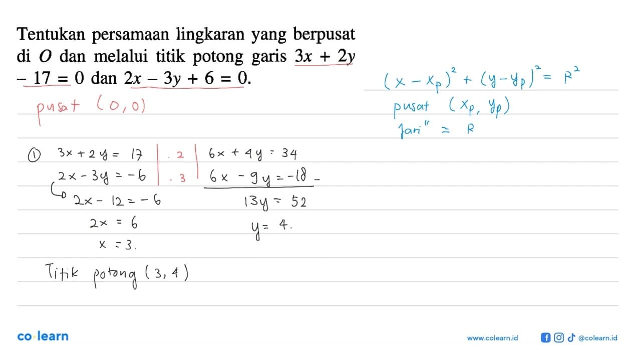 Tentukan persamaan lingkaran yang berpusat di O dan melalui