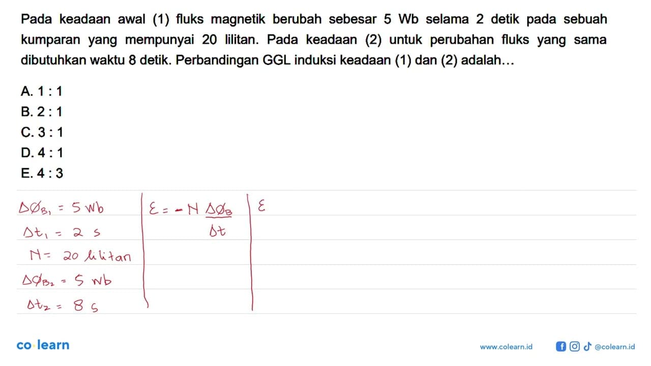 Pada keadaan awal (1) fluks magnetik berubah sebesar 5 Wb