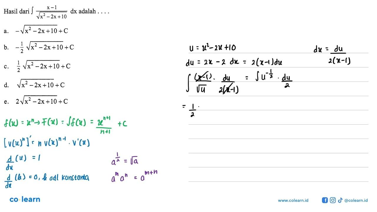 Hasil dari integral (x-1)/(akar(x^2-2x+10) dx adalah ...