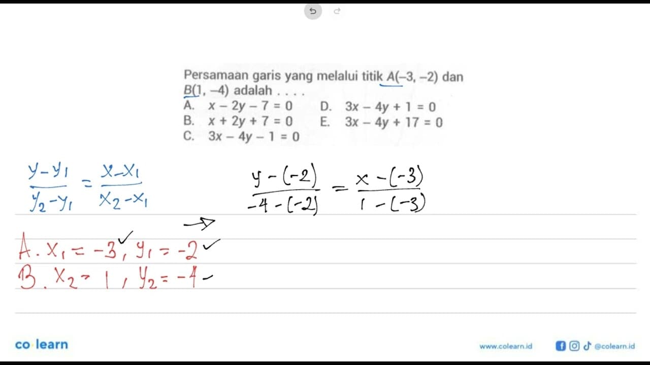 Persamaan garis yang melalui titik A(-3, -2) dan B(1, -4)