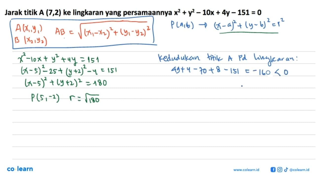 Jarak titik A(7,2) ke lingkaran yang persamaannya