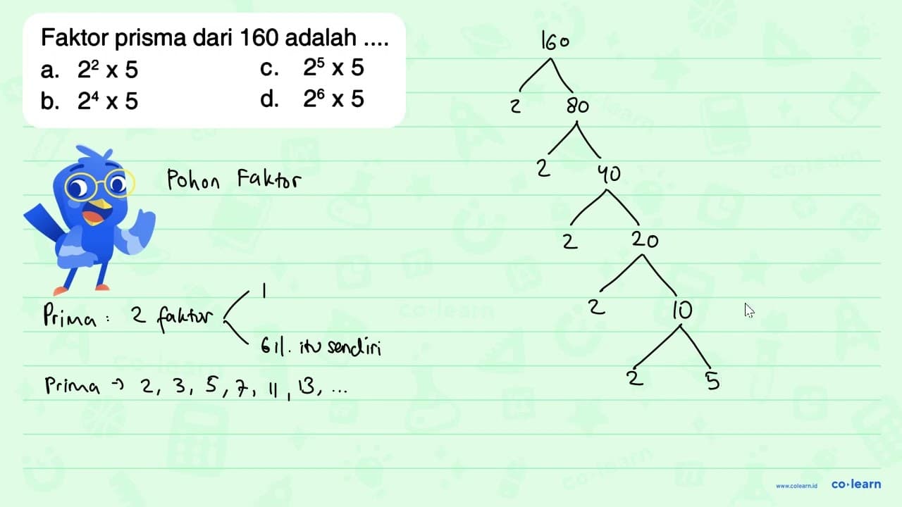 Faktor prisma dari 160 adalah ....