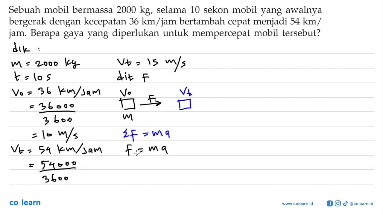 Sebuah mobil bermassa 2000kg, selama 10 sekon mobil yang