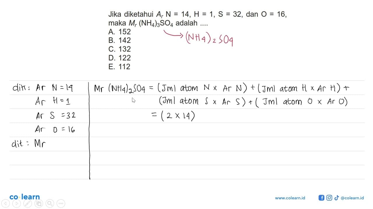 Jika diketahui Ar N=14, H=1, S=32, dan O=16, maka Mr