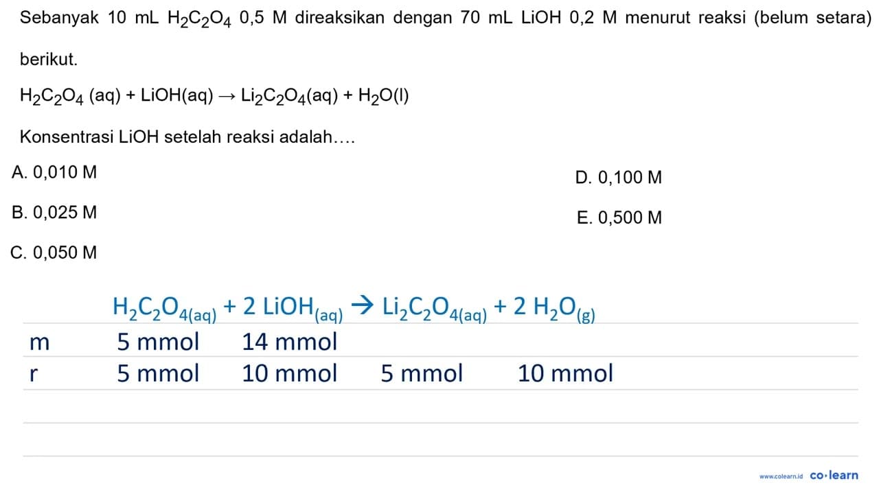 Sebanyak 10 mL H2 C2 O4 0,5 M direaksikan dengan 70 mL LiOH