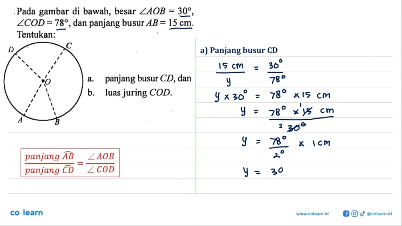 Pada gambar di bawah, besar sudut AOB=30, sudut COD=78, dan