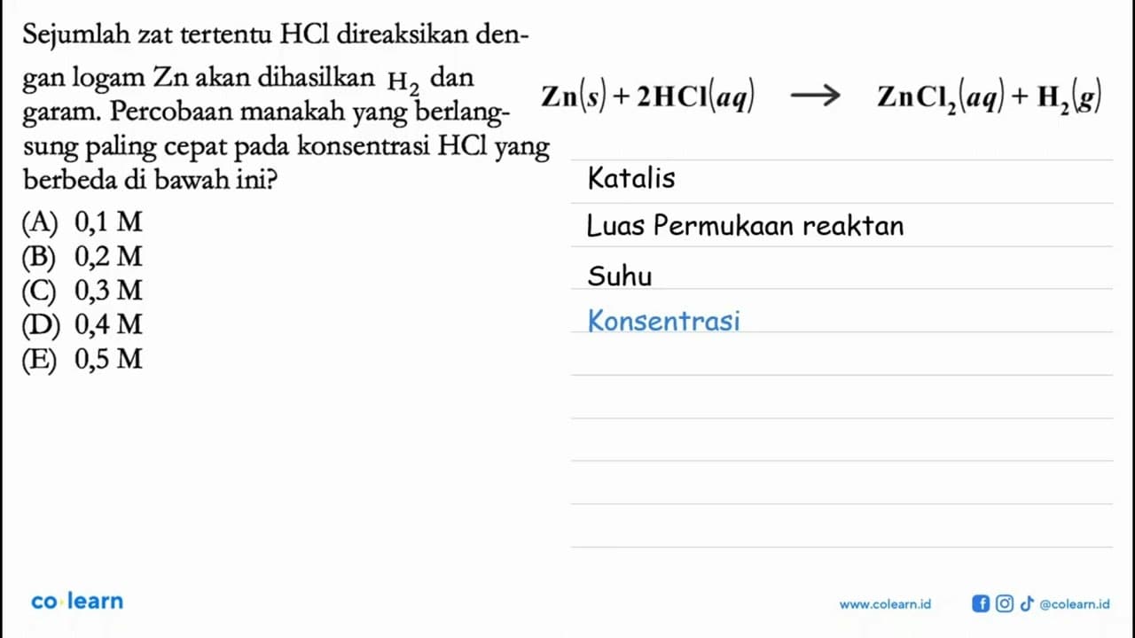 Sejumlah zat tertentu HCl direaksikan dengan logam Zn akan