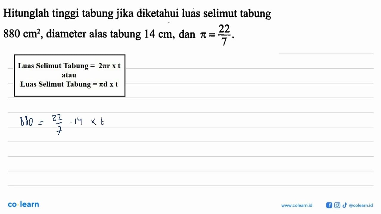 Hitunglah tinggi tabung jika diketahui luas selimut tabung