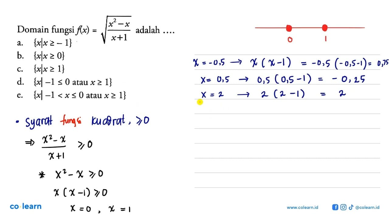 Domain fungsi f(x) = akar((x^2-x)/(x+1)) adalah ... .