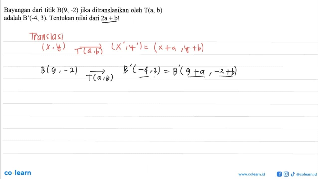 Bayangan dari titik B(9,-2) jika ditranslasikan oleh T(a,